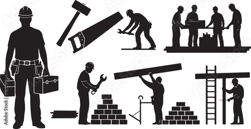 Construction workers at work site in black silhouette style