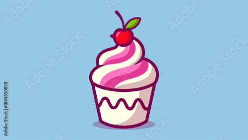 Cute Cartoon Cupcake with Pink Swirl Frosting and Cherry Topping