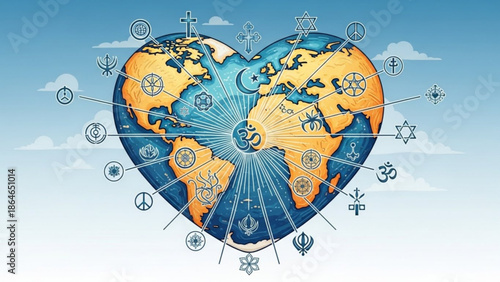 Heart Shaped World Map with Symbols and Icons on Blue Sky Background