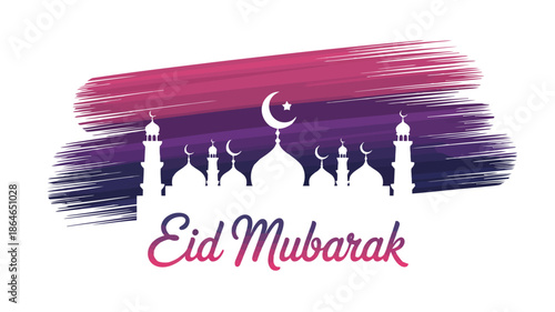 Celebrate Eid Mubarak with a lovely mosque silhouette and purple pink gradient background banner