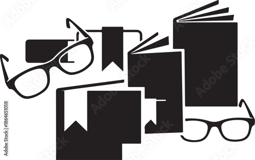 Black and white illustration of books and glasses icons