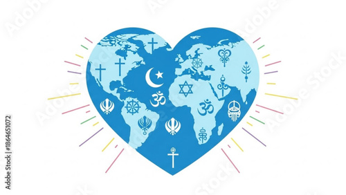 World Religions Symbols in Heart Shape Representing Global Unity and Peace