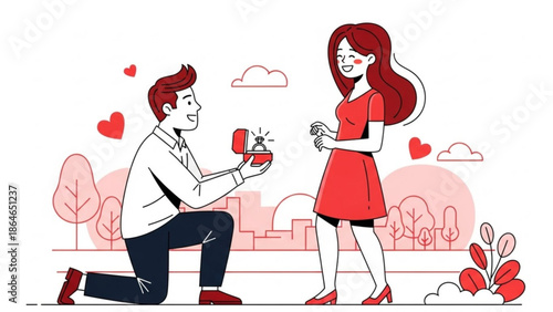 A joyful man kneels to propose marriage to his surprised girlfriend, presenting an engagement ring box in a romantic outdoor setting.