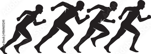 Silhouette of four runners in motion on white background