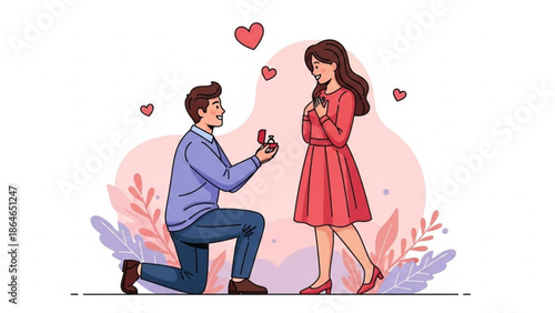 A man lovingly proposes to his astonished girlfriend with a ring box, capturing her heartwarming surprise amidst a soft pink background.