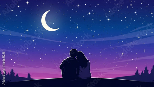 A romantic couple watches the twinkling starry night sky and a beautiful crescent moon from a serene hilltop with pine trees.