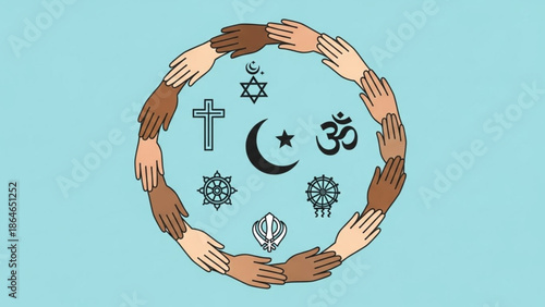 Diverse Hands Holding Religious Symbols Together in Unity Circle