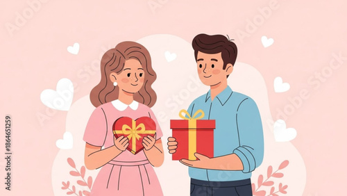 A happy couple exchanges thoughtful gifts, with the woman receiving a present and the man a heart-shaped box, on a pink background.