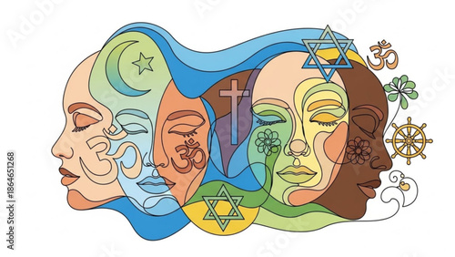 Diverse Faces with Religious Symbols Representing Spiritual Harmony and Unity