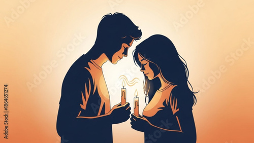 Silhouettes of a couple hold glowing candles together, their faces illuminated by the warm light in a tender, intimate moment.