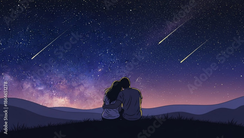 A loving couple embraces while sitting on a hilltop, mesmerized by the magnificent starry night sky filled with bright shooting stars.