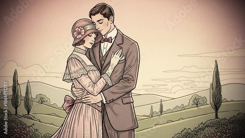 A sophisticated vintage couple embraces tenderly amidst a charming pastoral landscape, dressed in elegant old-fashioned attire.