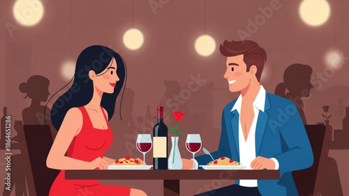 A smiling couple enjoys a romantic dinner date, sharing wine and pasta in an elegant restaurant with warm lighting.