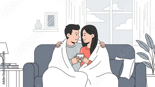 A cozy cartoon couple shares a warm blanket and a cup of hot drink on a comfortable sofa in their living room.