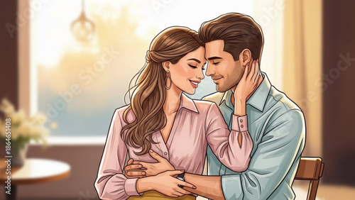 A loving couple shares a tender embrace indoors, their faces close, bathed in soft, warm light from a nearby window.