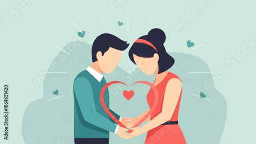 An illustrated man and woman tenderly hold a large red heart together, representing partnership and a loving relationship.