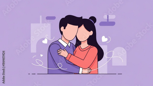 A cute illustrated man and woman hug each other warmly, depicting love and closeness in a stylish, minimalist setting.