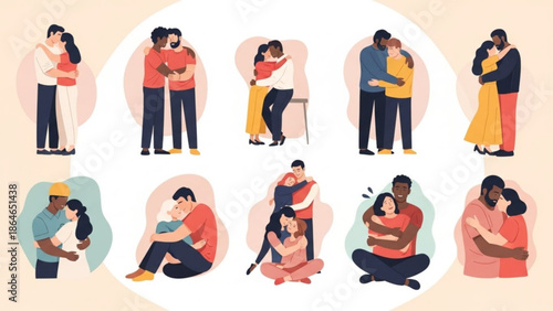 A diverse collection of illustrated couples in various tender embracing poses showcases the universal theme of love and connection.