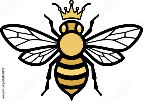 Elegant crowned queen bee vector illustration, minimalist golden honey bee with ornate crown line art logo for branding and stock icons