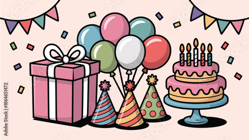 Colorful cartoon image showing a festive birthday party with balloons, a large gift and a celebratory cake