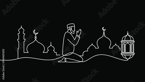 Continuous white line drawing of a man praying on his knees, surrounded by diverse mosque silhouettes on black