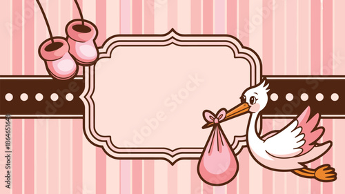 Cute baby girl announcement card with a stork delivering a bundle and pink booties over a striped background