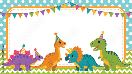 Cute cartoon dinosaurs celebrate a fun birthday party below festive colorful bunting flags on a decorative frame