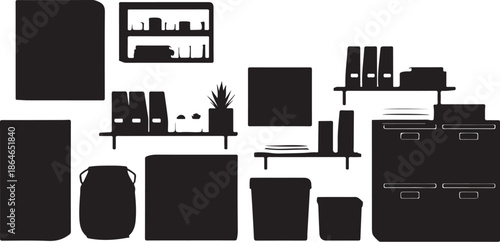 Office furniture and decor silhouettes on white background