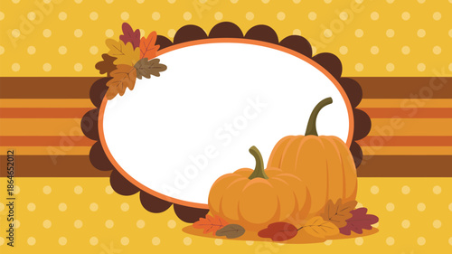Elegant oval frame adorned with two ripe pumpkins and colorful autumn leaves on a striped yellow surface