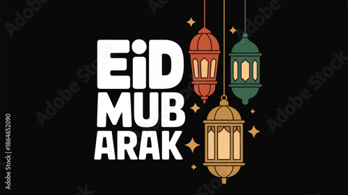 Festive Eid Mubarak typography with three hanging ornate lanterns and glowing stars on a dark night