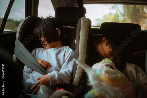 A serene moment of kids peacefully asleep during a long family car ride