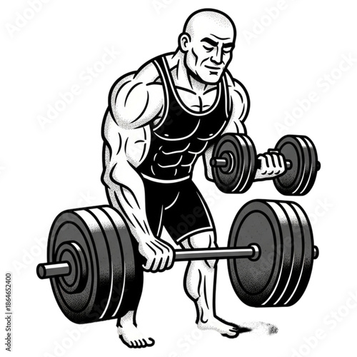 Strength in Focus: An illustration showcasing a muscular figure engaged in a barbell lift and dumbbell curls, representing physical prowess and determination. 