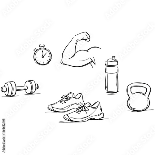 Workout Essentials: Hand-drawn icons of essential workout equipment and fitness elements that capture the spirit of an active, healthy lifestyle, encouraging an energetic approach to wellness.