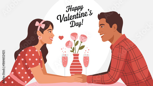 Joyful couple shares a romantic Valentines Day dinner with roses and champagne on a light setting