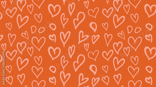 Light pink hand drawn hearts and small circular shapes form a charming seamless pattern on a vibrant orange background