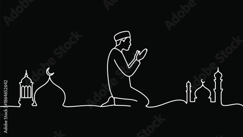 Minimalist continuous line drawing of a man praying on his knees, surrounded by mosque outlines