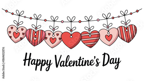 Seven charming colorful hearts with various patterns hang on a string above a Happy Valentines Day greeting