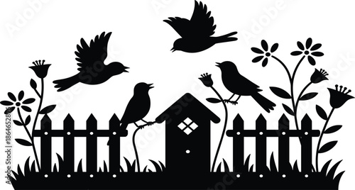 Black Garden Silhouette Featuring Birds, a Birdhouse, a Fence, and Decorative Flowers