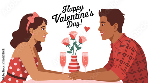 Smiling couple shares a romantic Valentines Day dinner, holding hands with roses and champagne