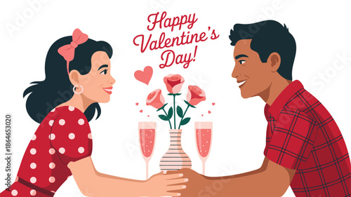 Smiling couple holding hands enjoying a romantic Valentines Day dinner with roses and champagne