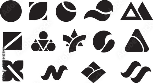 Geometric shapes and abstract icons set in black and white