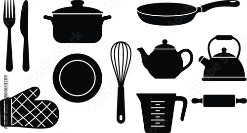 A collection of kitchen utensils and cooking equipment icons in black silhouettes