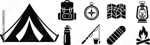 A set of monochrome icons representing essential equipment for camping and outdoor adventures