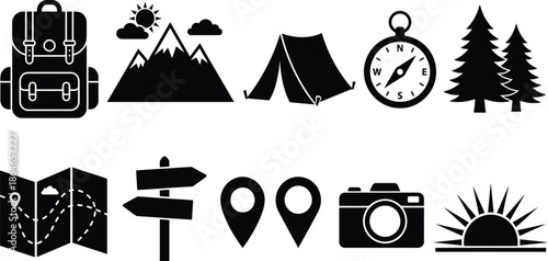 Collection of black silhouette icons for outdoor adventure, hiking, and camping