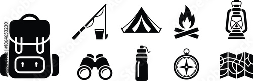 A collection of black silhouette icons representing camping, hiking, and outdoor adventure essentials