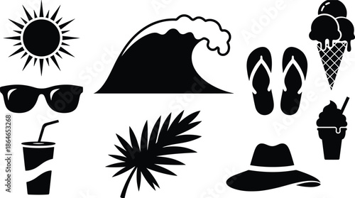 A collection of black silhouette icons representing a summer beach holiday