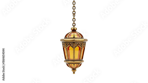 Ornate Golden Lantern with Amber Glass Panels and Chain