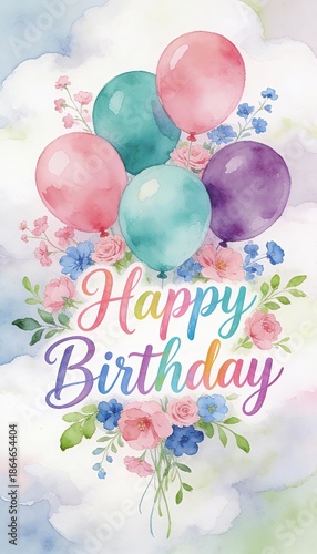 watercolor happy birthday card with colorful balloons and floral bouquet, pastel greeting design, festive celebration illustration on white background