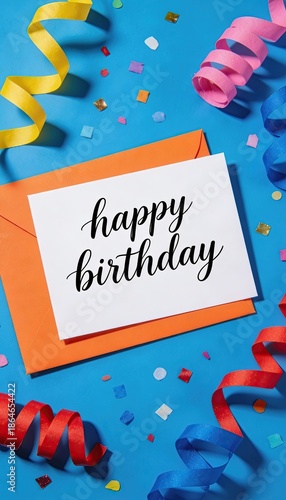 happy birthday greeting card with calligraphy text on white paper and orange envelope, colorful confetti and streamers background, festive celebration flat lay
