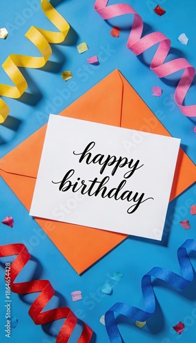 happy birthday greeting card with calligraphy text on white paper and orange envelope, colorful confetti and streamers background, festive celebration flat lay